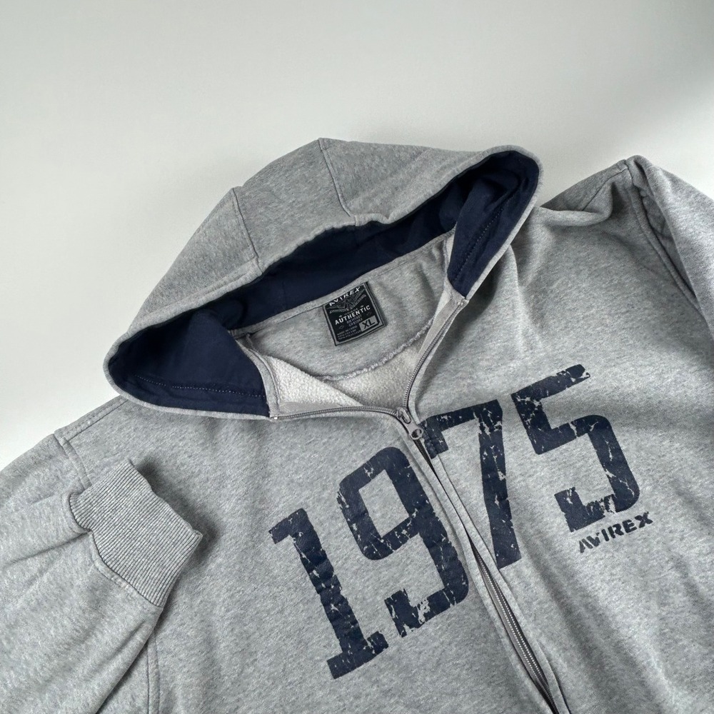Avirex Mens XL 1975 Graphic Full Zip Hoodie Y2K Henley Gray Distressed Print